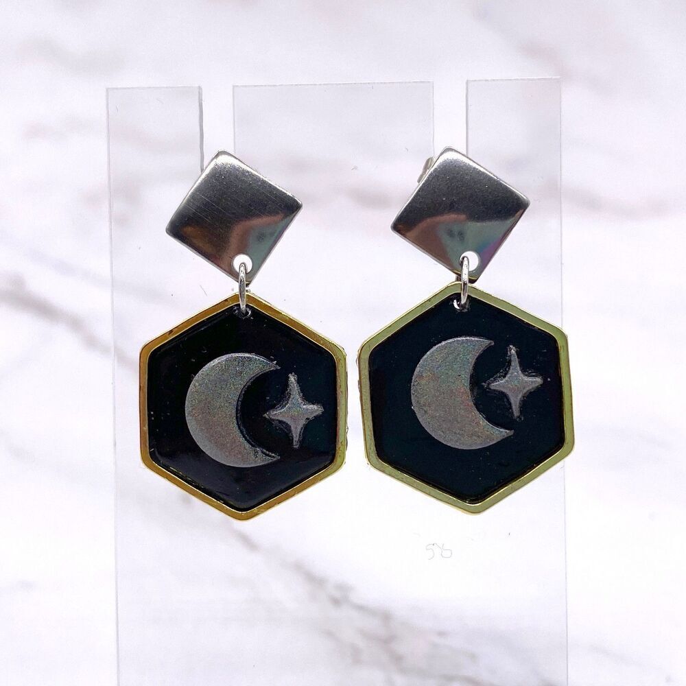 Black Holographic Celestial Crescent Moon Dangle Stud Earrings - Picture 9 of 15